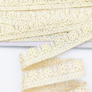 Off White Net Lace Trim With Floral Embroidery And Gold Sequins, Sequinned Trim, Wedding Trim Bridal Trim